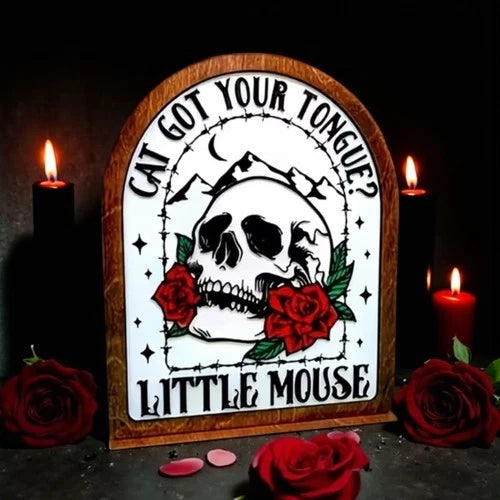 Haunting Adeline Bookshelf Sign - Cat Got Your Tongue Little Mouse Wooden Gothic