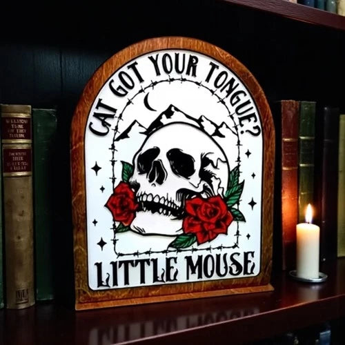 Haunting Adeline Bookshelf Sign - Cat Got Your Tongue Little Mouse Wooden Gothic